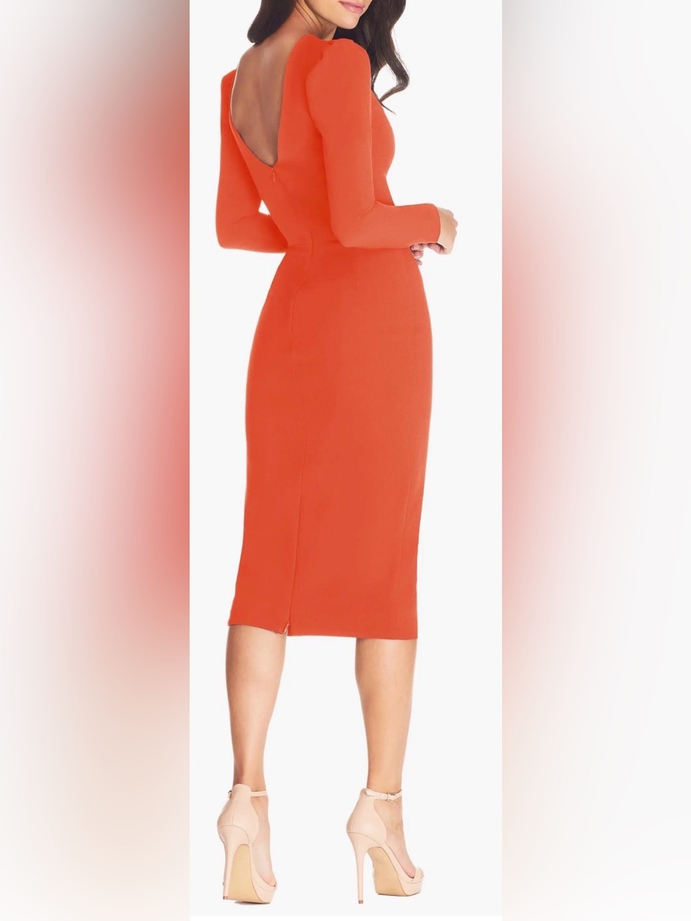 NEW Dress The Population Nadia Long Sleeve Scoop Back Poppy Midi Dress Sz M - Picture 4 of 8
